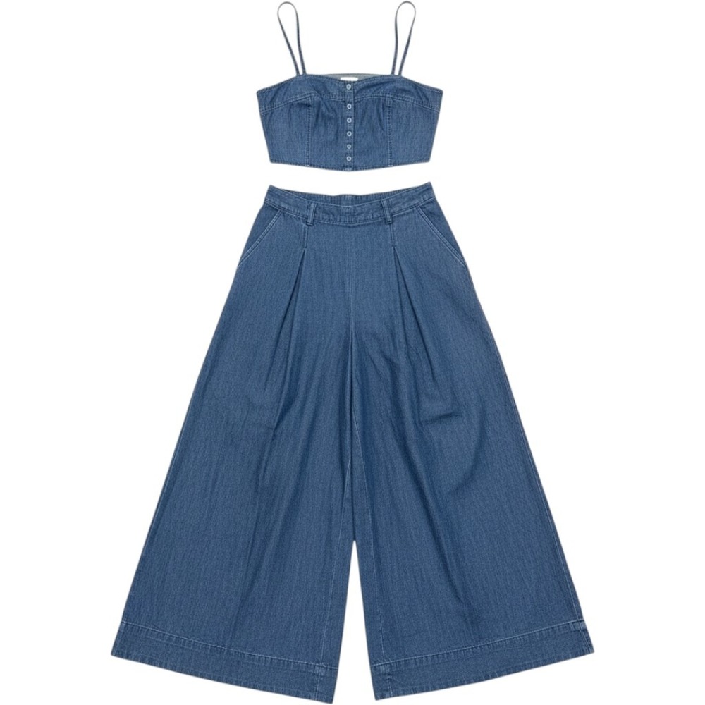NWT Free People Cassius Denim Two Piece Set Midnight Blue Wide Leg Pants Top 12